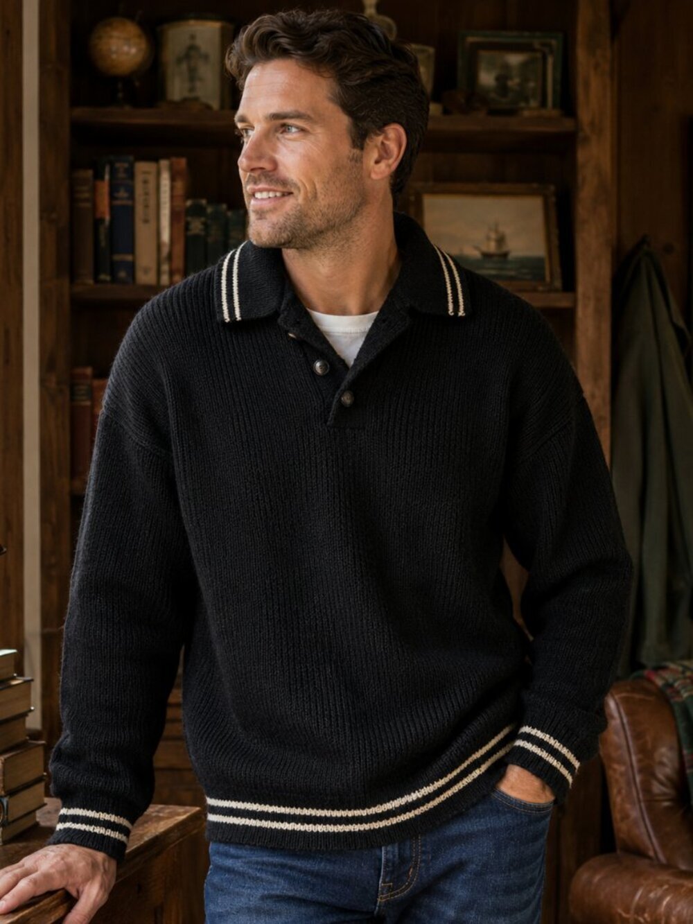 Vintage Christopher Hayes Wool Sweater Large Black Rugby Collar Knit Pullover